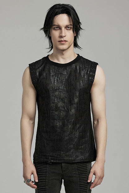 Black Round Collar Sleeveless Print Ripped Distressed Eyelet Gothic Tank Top