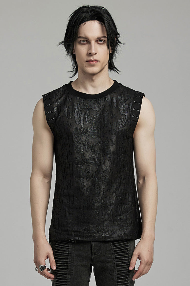 Black Round Collar Sleeveless Print Ripped Distressed Eyelet Gothic Tank Top