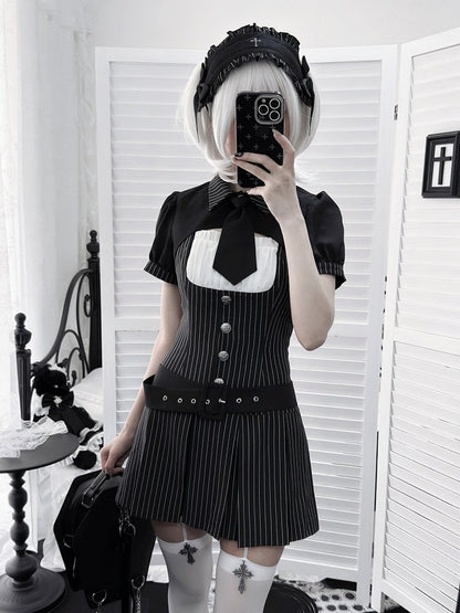 [pre-order Deadline: April 28] Black Pinstripe Tie Collar Short Jacket Dress Full Set + Jewel Casquette
