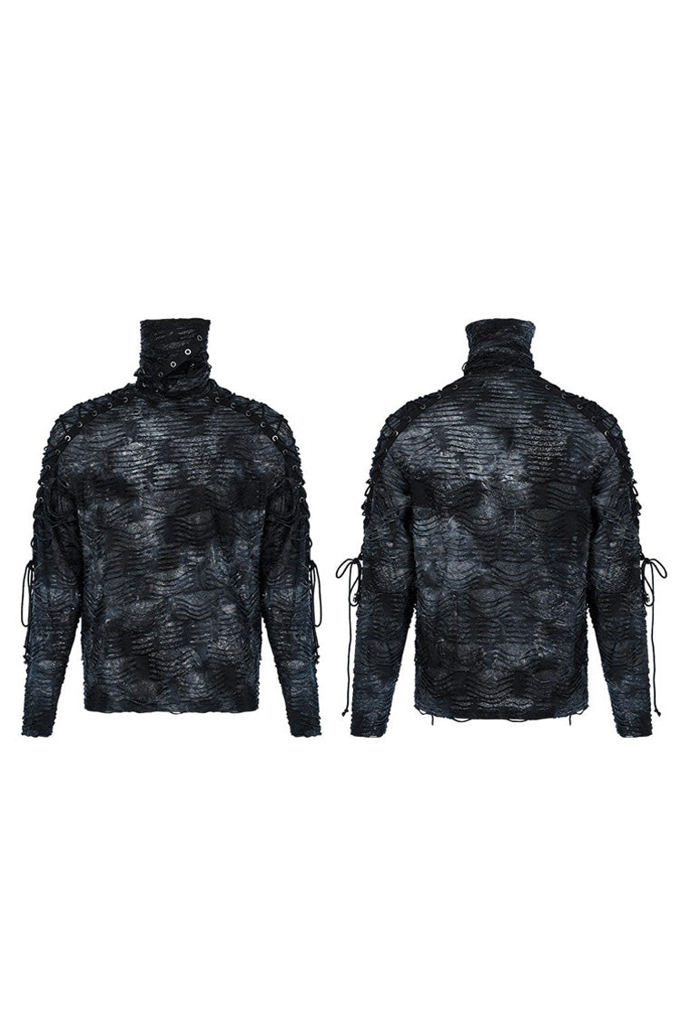 Black/blue Punk Post Apocalyptic Turtleneck Tattered Tie Dye Print Lace Up Long Sleeve T-shirt