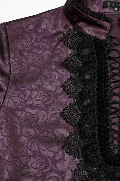 Red Stand Collar Long Sleeves Ruffle Embroidery Lace-up Plunging Rose Gothic Blouse