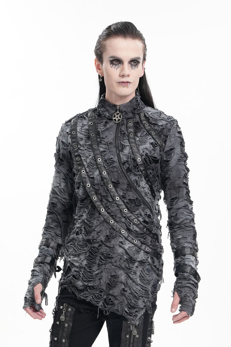 Black Stand Collar Ripped Eyelets Strap Gothic T-shirt