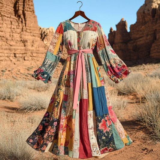 Women's Vintage Floral Patch Art Linen Maxi Dress elevenforest