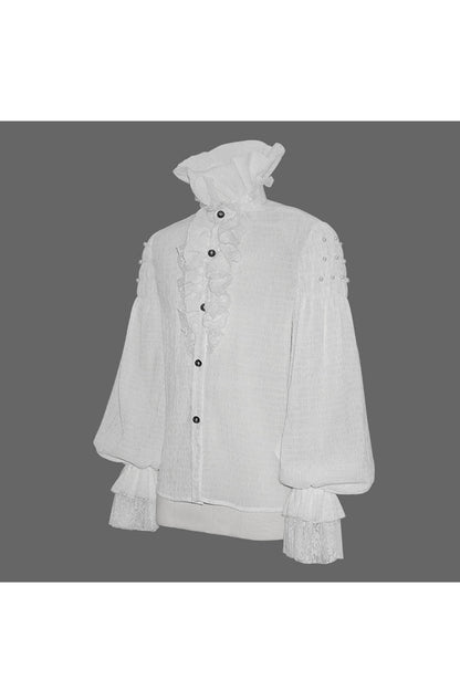 White Ruffle Stand Collar Lantern Sleeves Jacquard Gothic Blouse