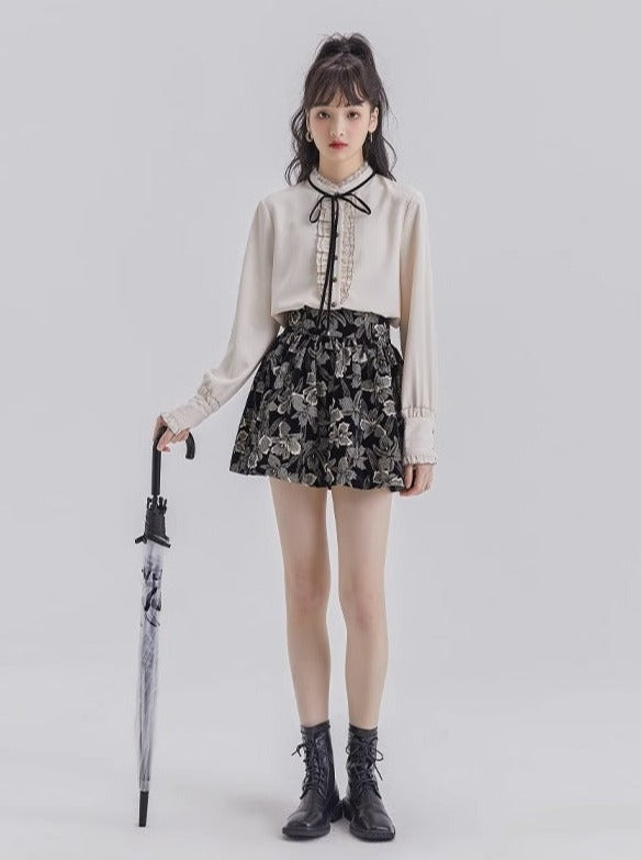 Lace Ruffle Bow Blouse + Jacquard Skirt
