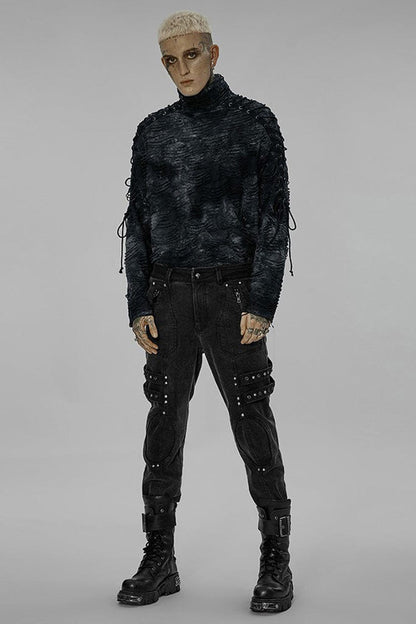 Black/blue Punk Post Apocalyptic Turtleneck Tattered Tie Dye Print Lace Up Long Sleeve T-shirt