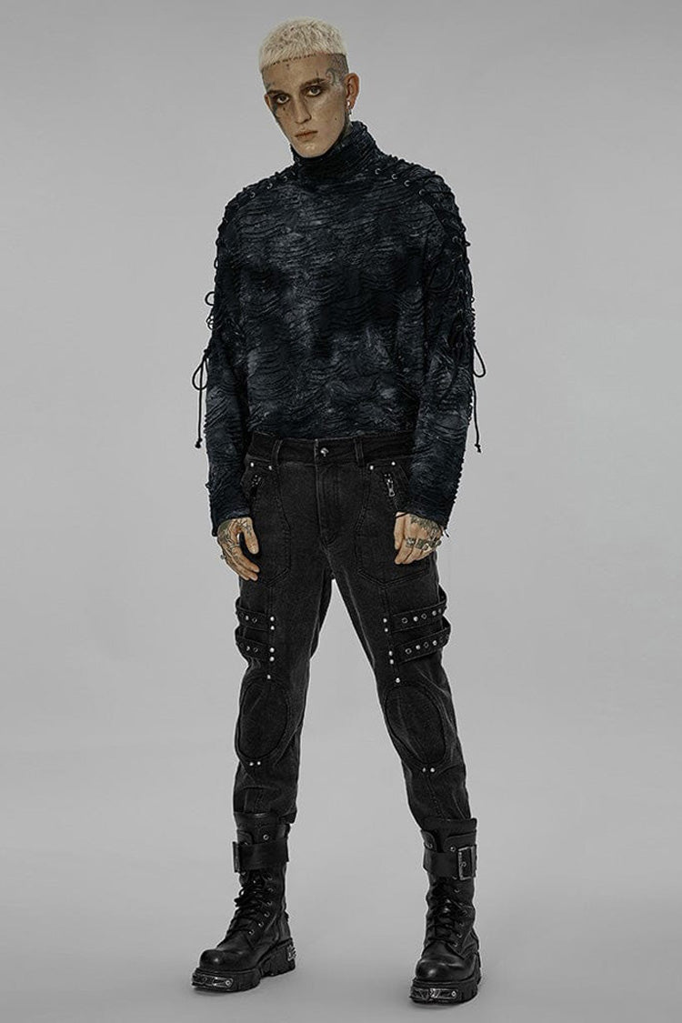 Black/blue Punk Post Apocalyptic Turtleneck Tattered Tie Dye Print Lace Up Long Sleeve T-shirt