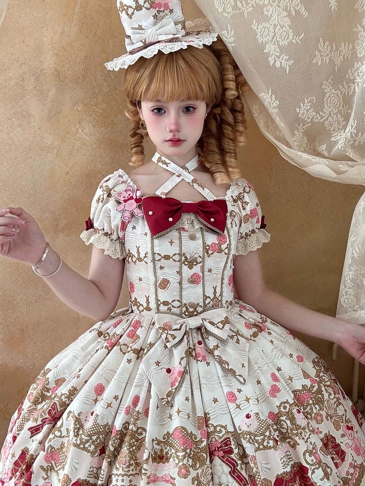 [pre-order Deadline: April 26] Retro Romance Sweet Lolita Ribbon Cake Print Halter Neck Dress