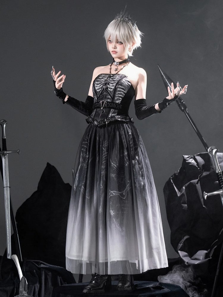 [pre-order Deadline: June 8] Phantom Knight Dark Gothic Skeleton Bustier Corset Top (with Cross Straps + Waist Belt)
