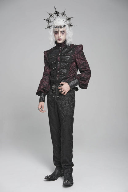 Black/red Stand Collar Long Lantern Sleeves Print Embroidery Gothic Blouse
