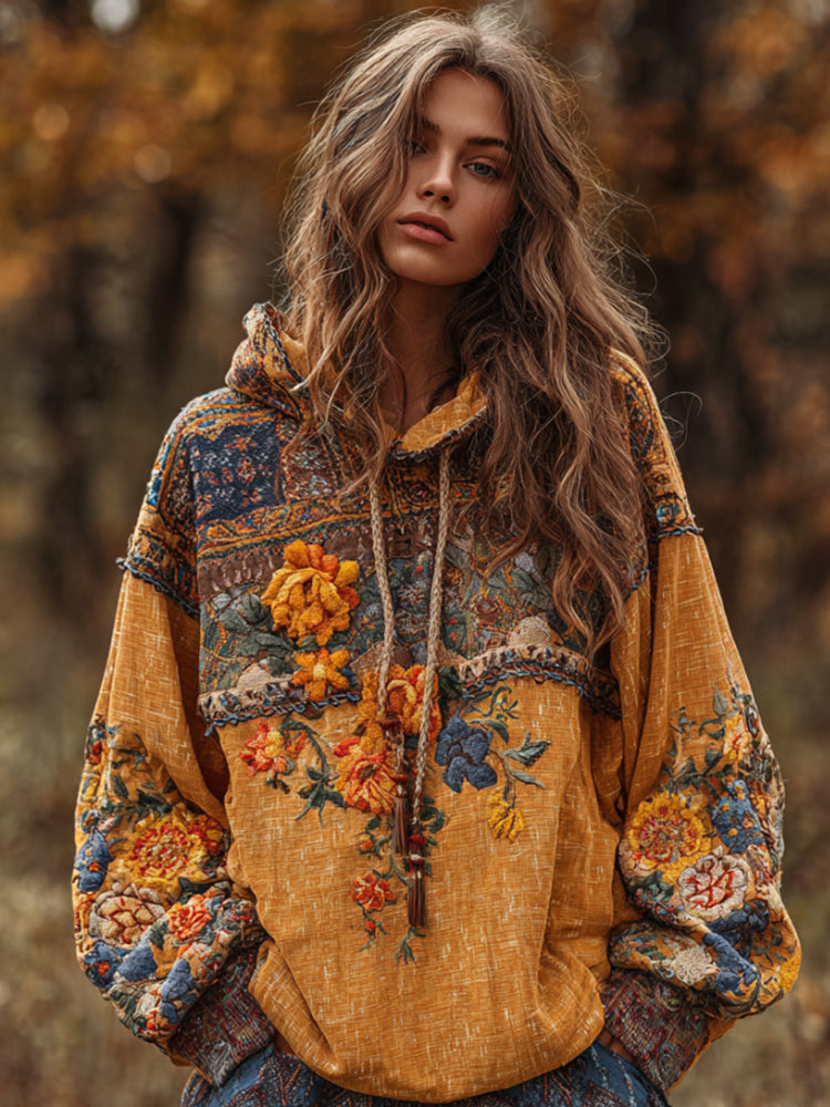 Bohemian Style Three-dimensional Flower Embroidery Vintage Tie-dye Maple Leaf Yellow Lotus Leaf Hooded Long-sleeved Sweater elevenforest