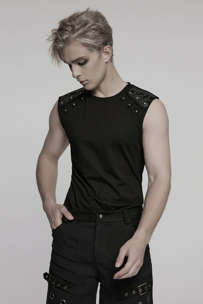 Black Round Collar Sleeveless Studded Stitching Shoulder Patched Punk Vest
