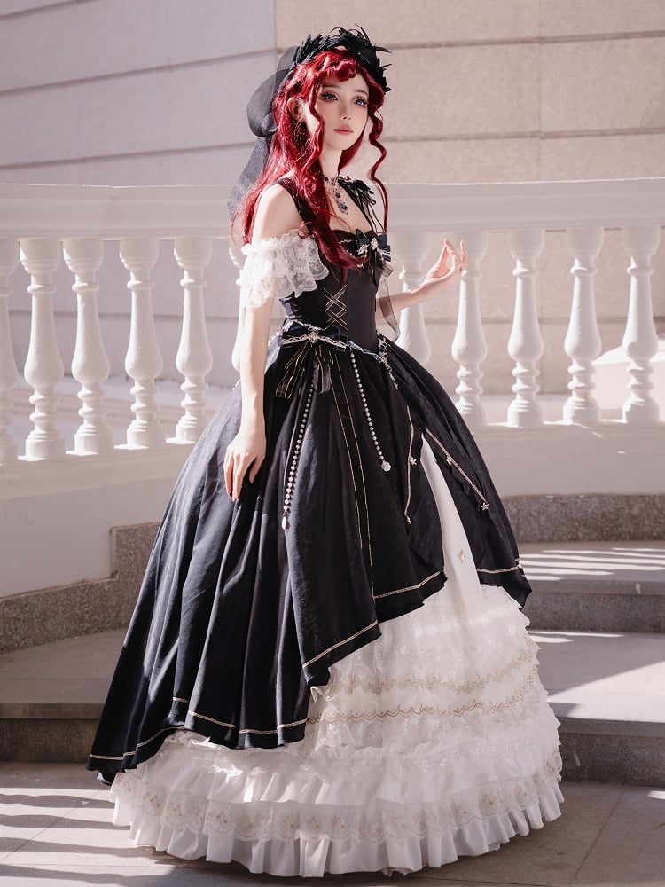 [pre-order Deadline: May 3] Black and White Corset Lace Ribbon Lolita Jsk Princess Dress + Complete Set