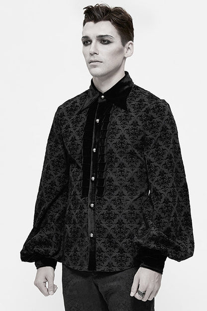 Black Court Pattern Flocking Lantern Sleeves Gothic Blouse