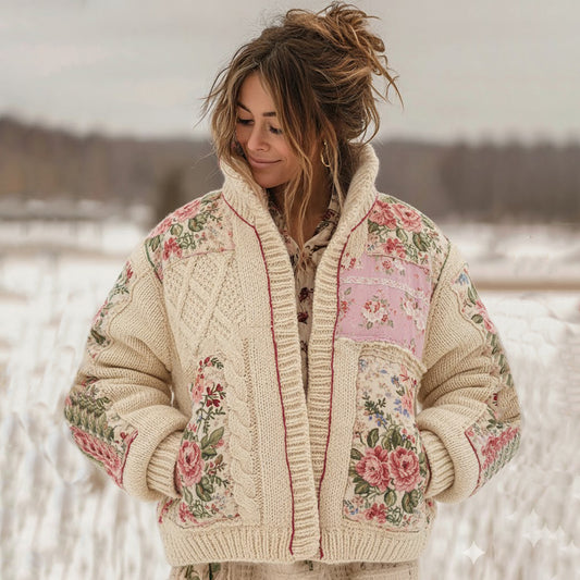 Women's Vintage Floral Patchwork Cozy Stand Collar Knit Sweater elevenforest