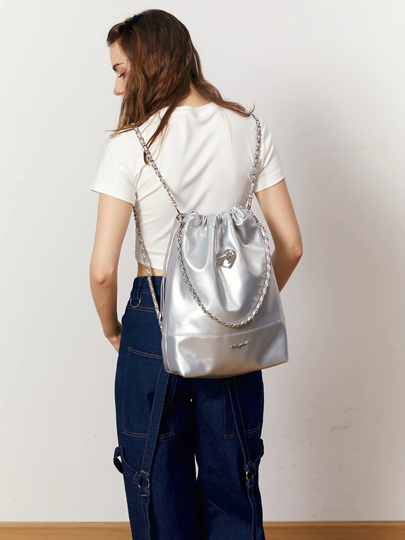Cool Metal Heart Soft Leather Drawstring Bag