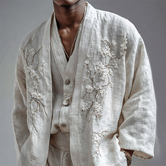Men's Almond Blossom Fiber Art Linen Kimono Cardigan elevenforest