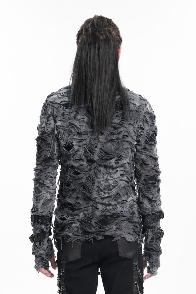 Black Stand Collar Ripped Eyelets Strap Gothic T-shirt