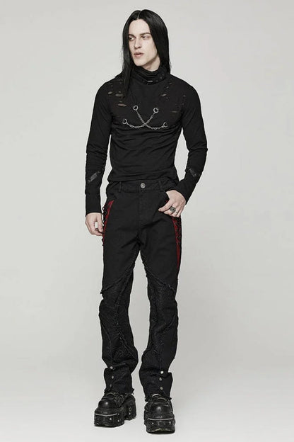Black Stand Collar Long Sleeves Ripped Metal Chain Steampunk T-shirt