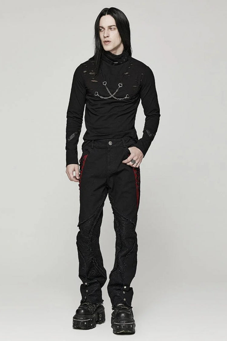 Black Stand Collar Long Sleeves Ripped Metal Chain Steampunk T-shirt