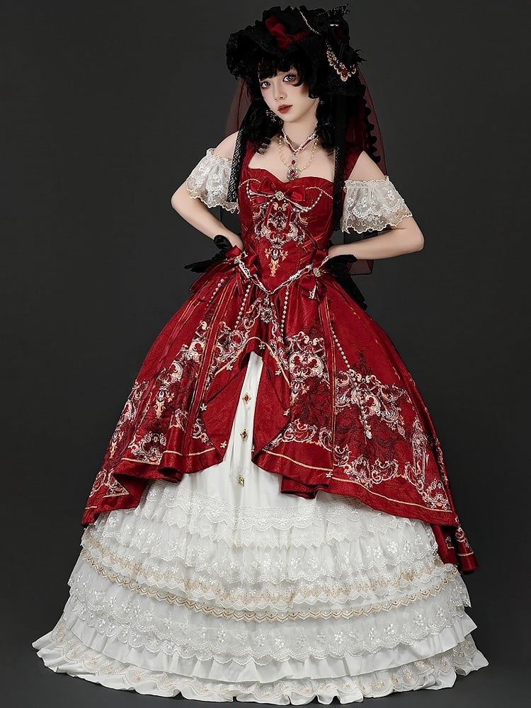 [pre-order Deadline: May 3] Red White Corset Lace Ribbon Lolita Jks Princess Dress + Complete Set