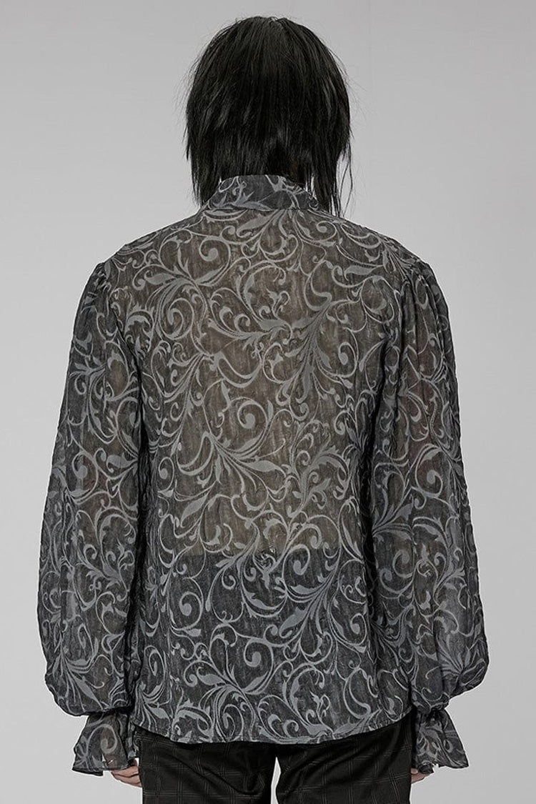 Gray Punk Chiffon Ruffle Stand Collar Wide Brimmed Lantern Sleeves Retro Relief Sculpture Embossing Shirt
