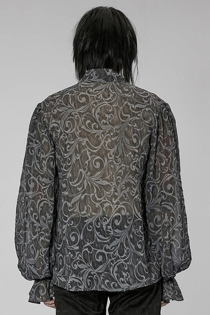 Gray Punk Chiffon Ruffle Stand Collar Wide Brimmed Lantern Sleeves Retro Relief Sculpture Embossing Shirt