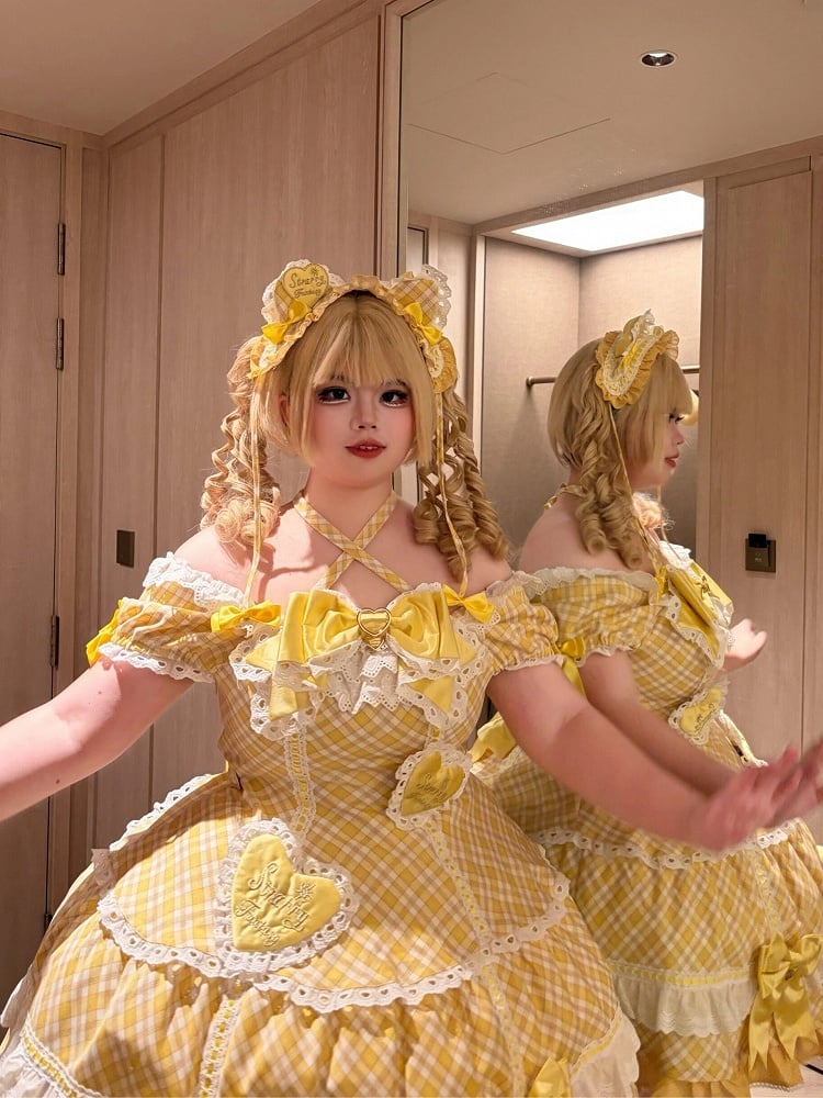 [pre-order Deadline: May 10] Blue/yellow/pink Sweetheart Lolita Ribbon Puff Sleeve Tiered Dress + Bunny Ear Full Set + Cat Ear Full Set