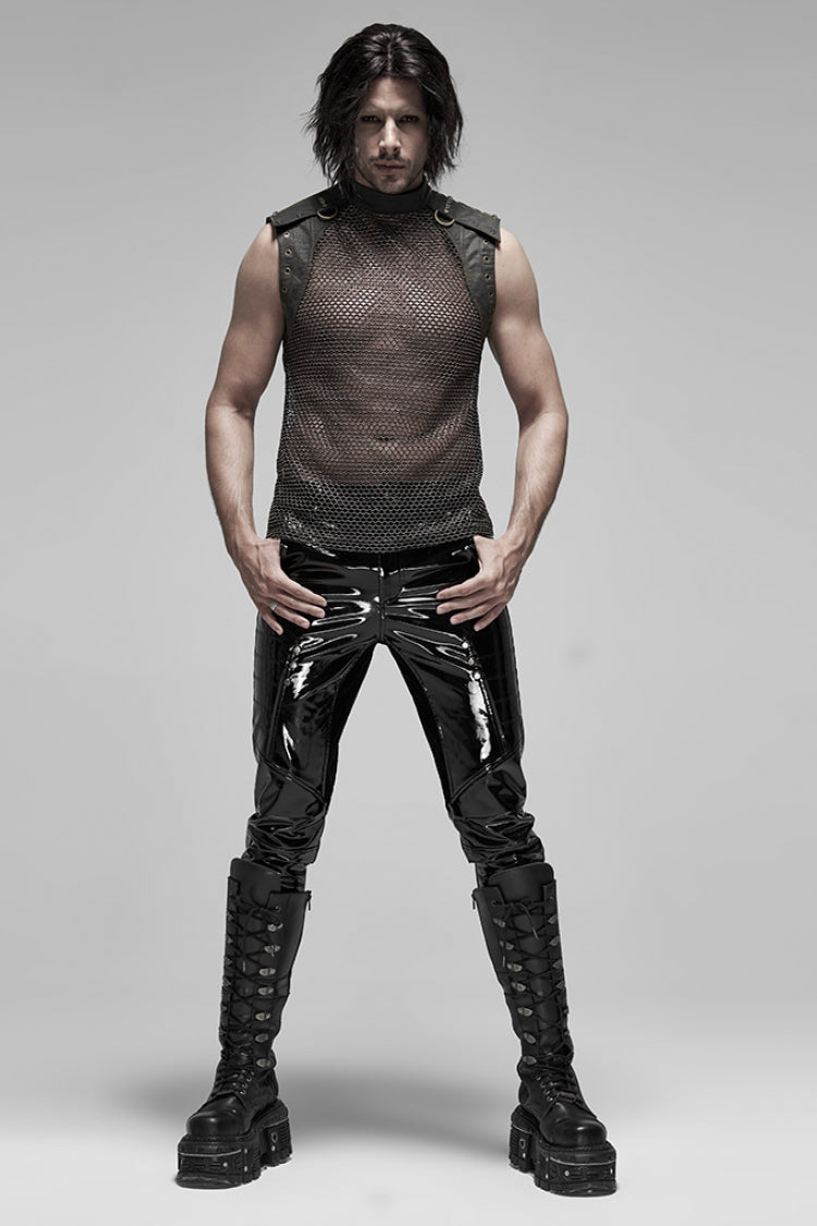 High Collar Sleeveless Rivet Decoration Sheer Mesh Steampunk Vest 2 Colors