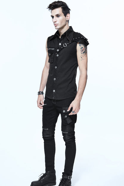 Black Sleeveless Twill One-shoulder Armor Heat Seal Punk Shirt