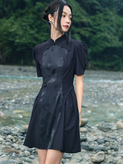 Jacquard Retro Puff Sleeve Chinese-style Dress