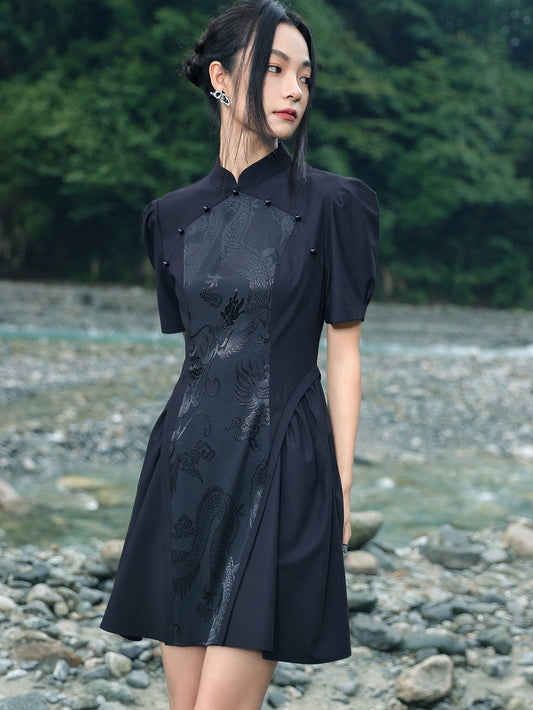 Jacquard Retro Puff Sleeve Chinese-style Dress