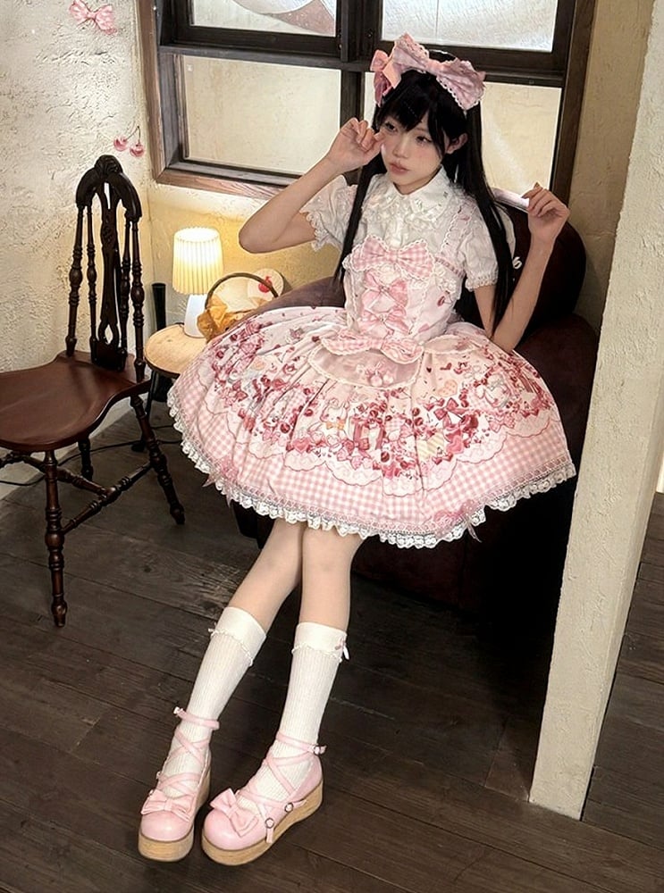 [pre-order Deadline: May 5] Pink Cherry Print Lace Ribbon Bunny Ear Apron Jsk Dress + Accessories
