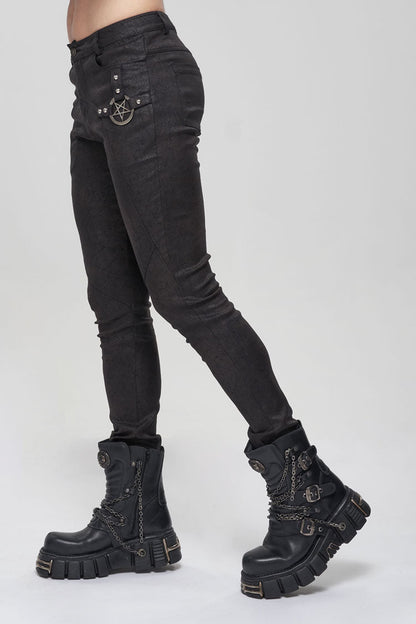 Black Basic Funds Metal Pentagram Crackle Punk Slim Pants