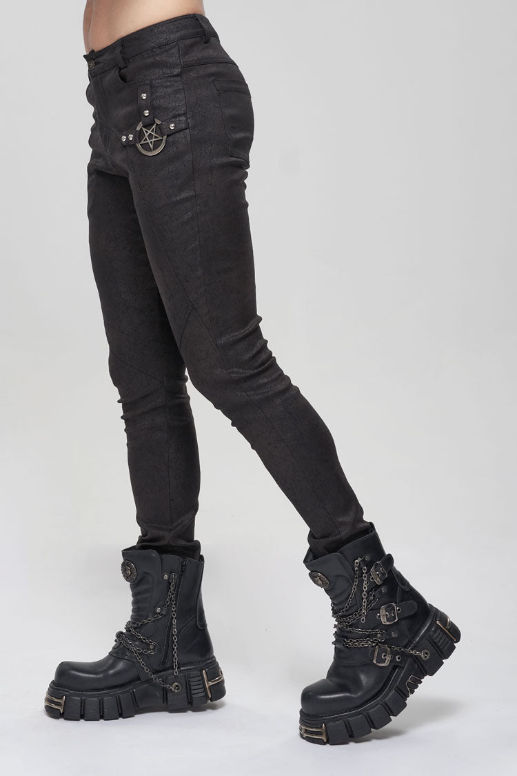 Black Basic Funds Metal Pentagram Crackle Punk Slim Pants