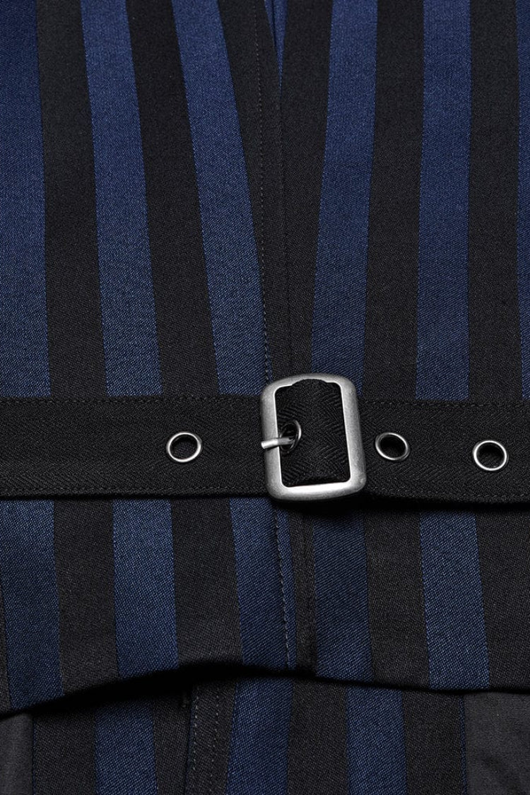 Black/blue V Collar Sleeveless Striped Print Buckle Punk Vest