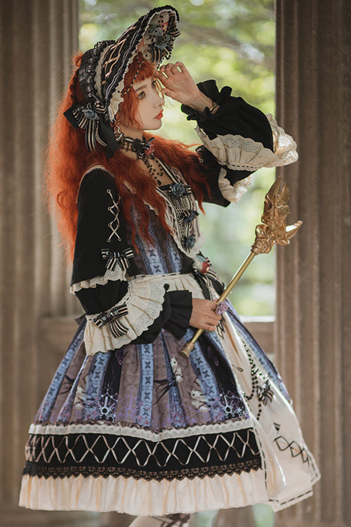 Multi-color Ruffled Sleeve Retro Printed High Waist Classic Lolita Op Dress