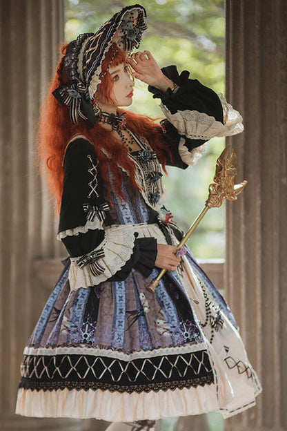 Multi-color Ruffled Sleeve Retro Printed High Waist Classic Lolita Op Dress