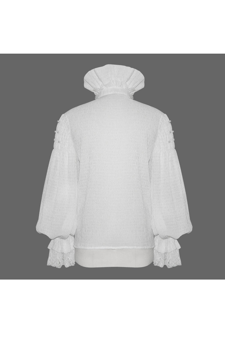 White Ruffle Stand Collar Lantern Sleeves Jacquard Gothic Blouse