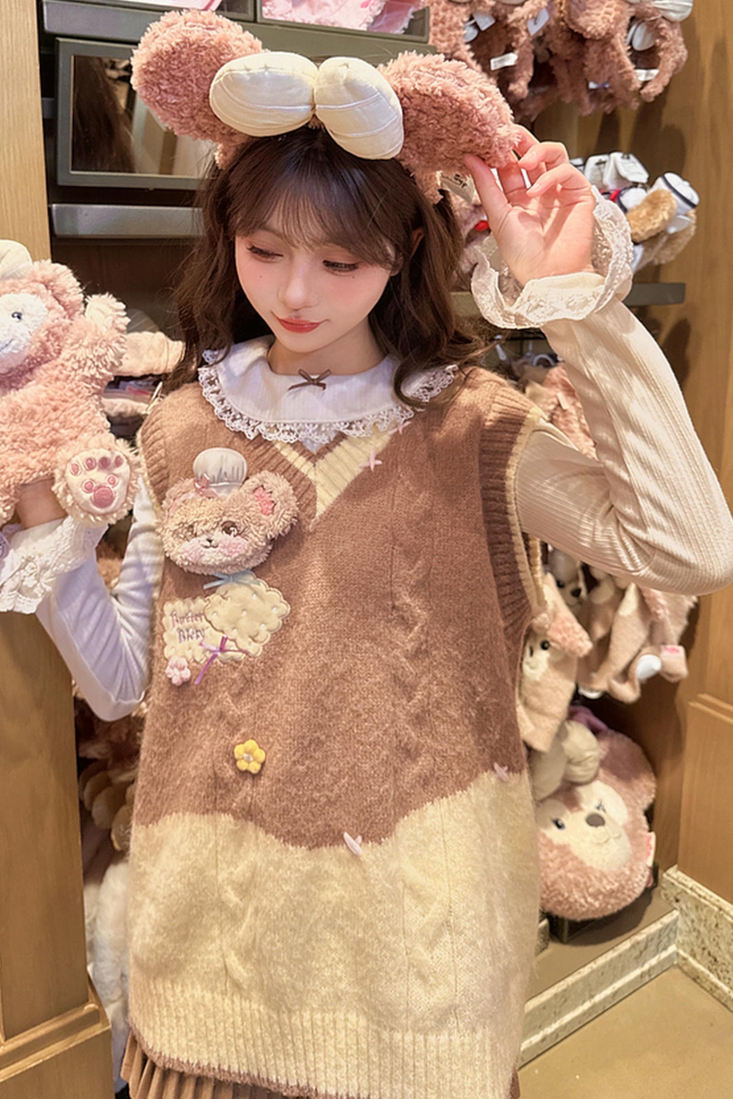 Sweet Bear Embroidered Knitted Vest + Cardigan