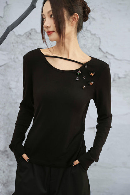 Crystal Button Velvet Knitted Top