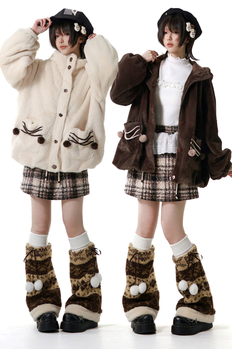 Plaid Skirt + Coat + Top + Leg Warmers