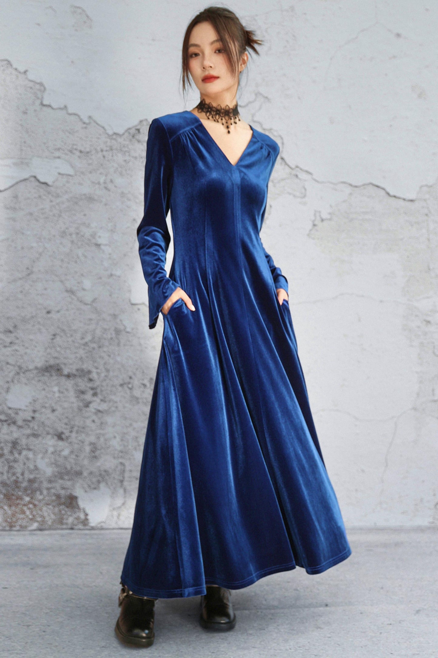 Deep Buoy Neck Velvet Dress