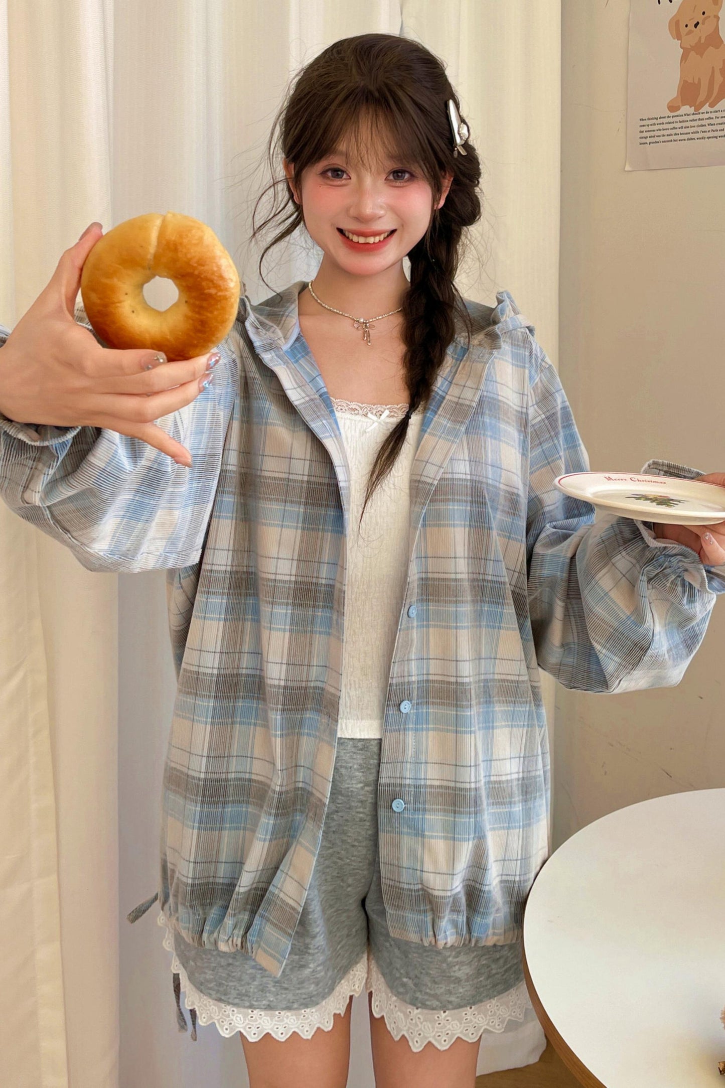 Plaid Cotton Hooded Shirt