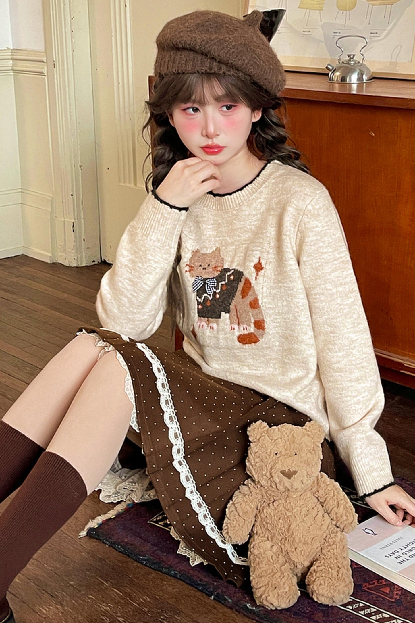 Cat Jacquard Color Block Sweater