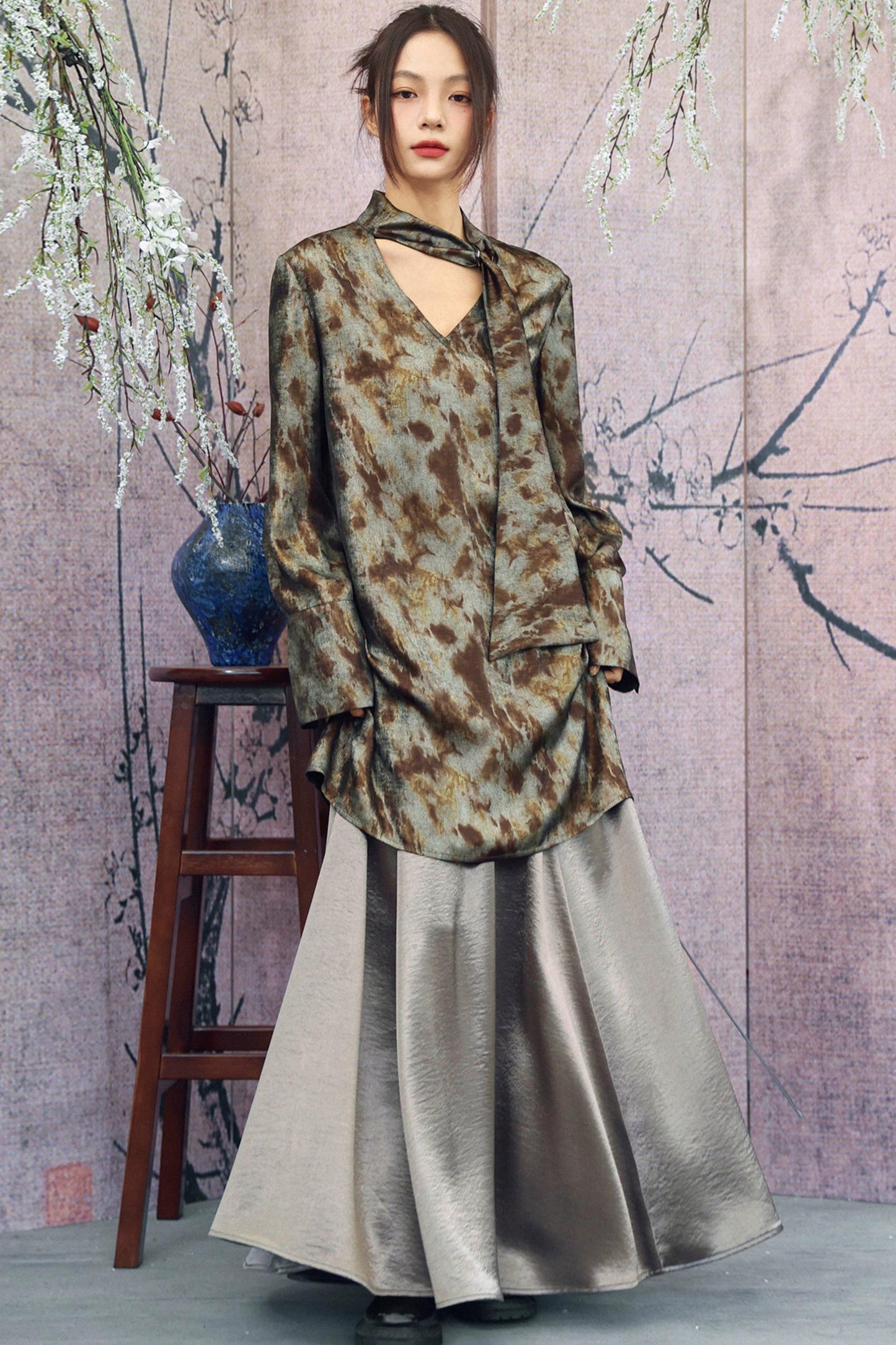 Silver Gray Metallic Satin Blouse