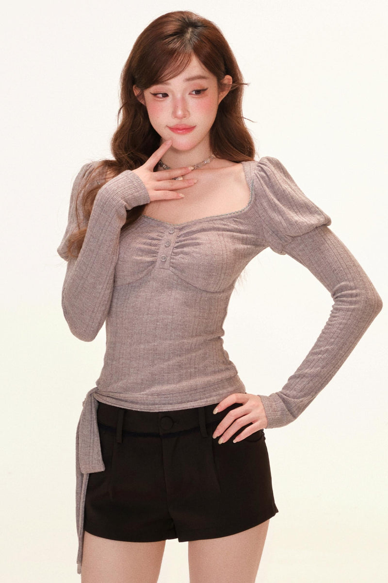 French Open Neck Sweet Puff Sleeve Top