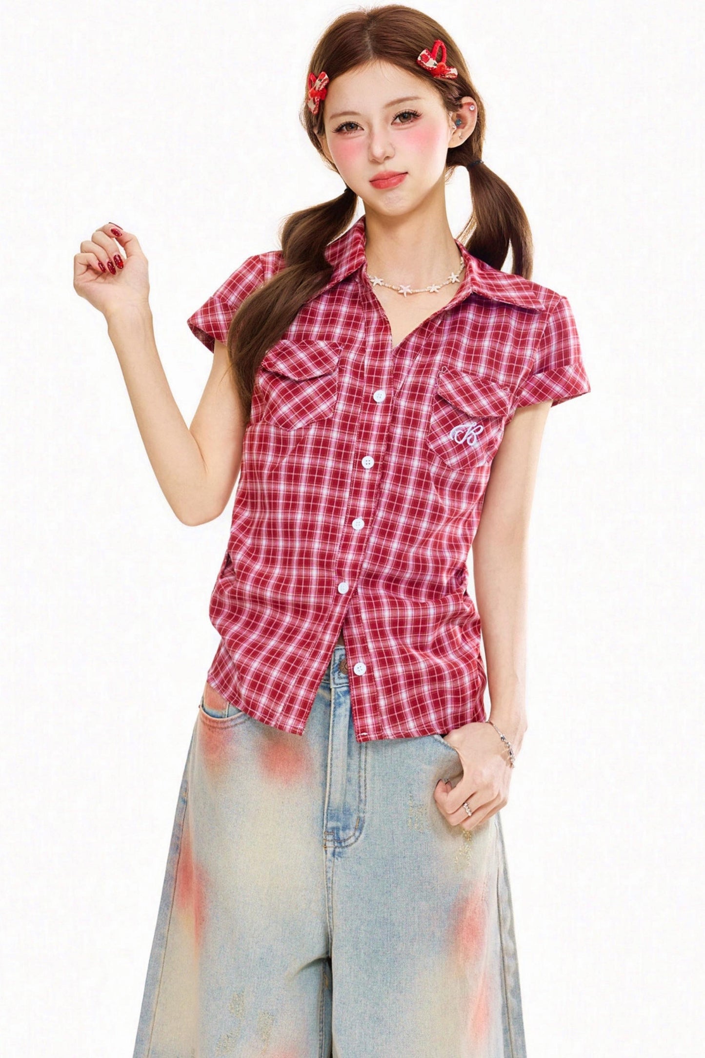 Retro Plaid Slim Fit Blouse