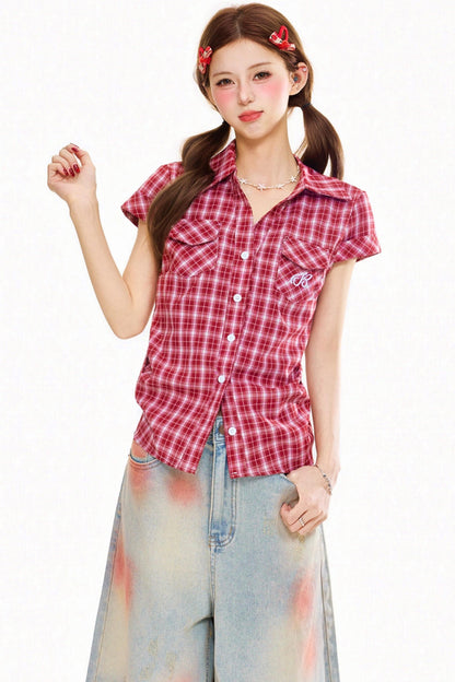 Retro Plaid Slim Fit Blouse