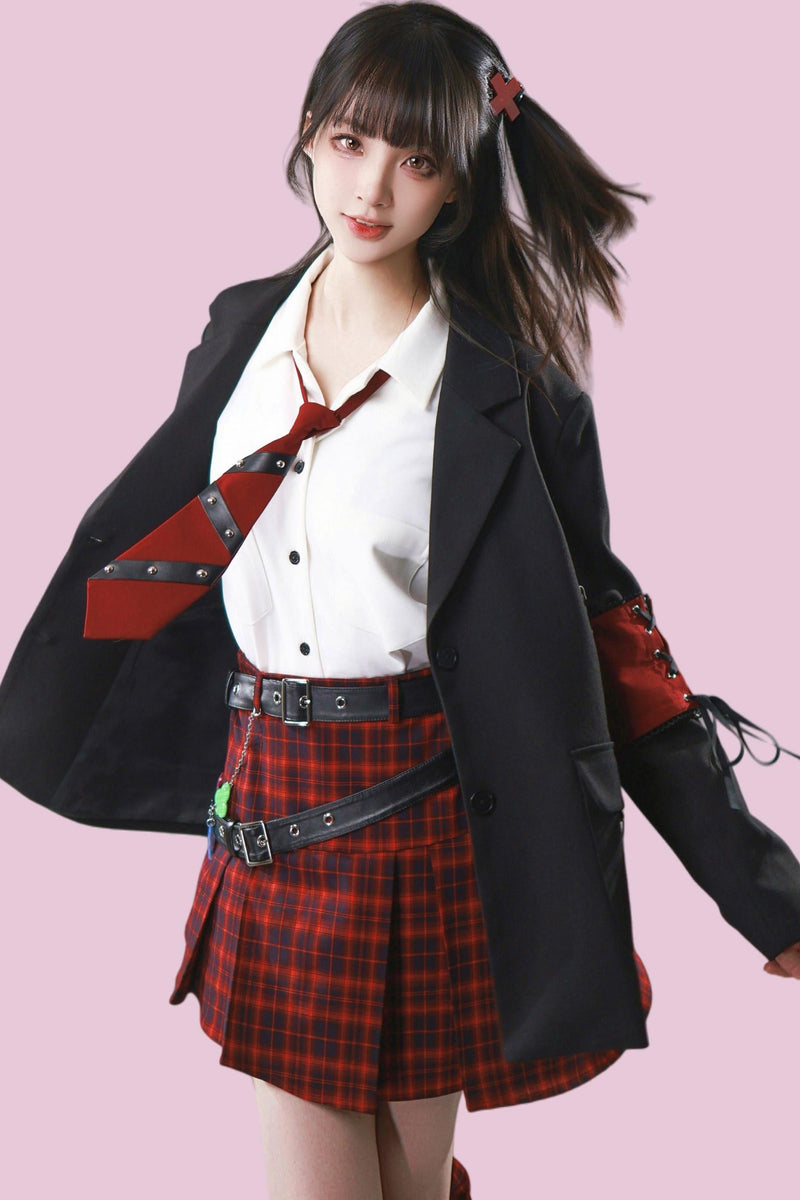 Diagonal Plaid Pleated Skirt + Leg Warmers